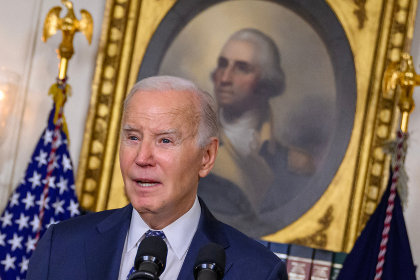 U.S. President Joe Biden answers questions about Israel after speaking about the Special Counsel report in the Diplomatic Reception Room of the White House in Washington, D.C., on February 8, 2024, in a surprise last-minute addition to his schedule for the day. A long-awaited report cleared President Joe Biden of any wrongdoing in his mishandling of classified documents from his tenure in the Senate and as vice president on February 8, but dropped a political bombshell by painting the Democrat as a "well-meaning, elderly man with a poor memory."