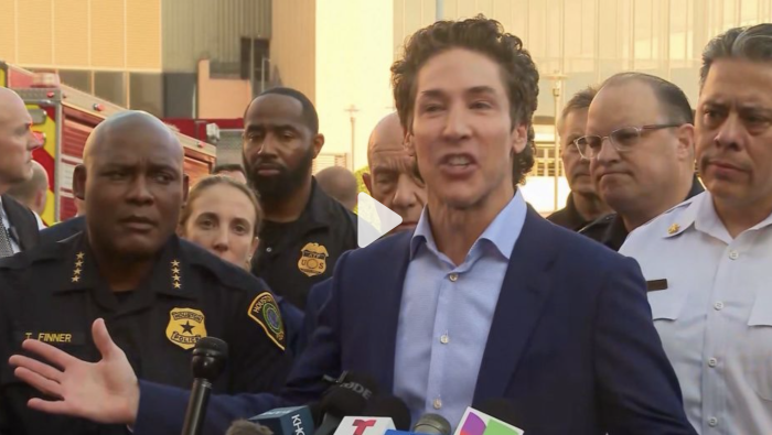Joel Osteen, pastor of Lakewood Church, addresses press after a shooting occurred at the the megachurch on Sunday, Feb. 11, 2024.