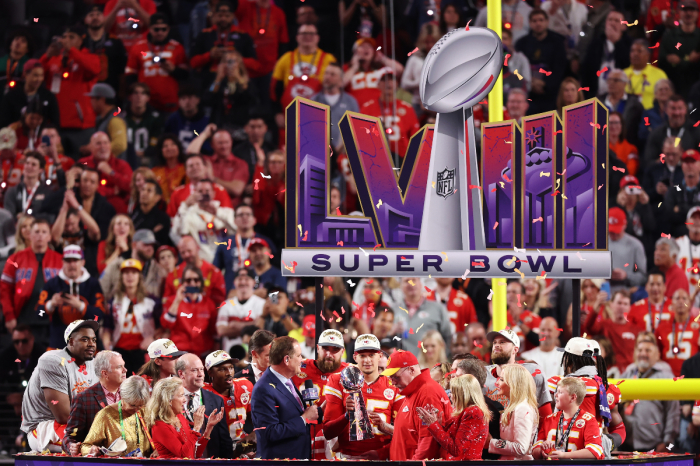 Patrick Mahomes #15 of the Kansas City Chiefs holds the Lombardi Trophy after defeating the San Francisco 49ers 25-22 during Super Bowl LVIII at Allegiant Stadium on February 11, 2024 in Las Vegas, Nevada. 