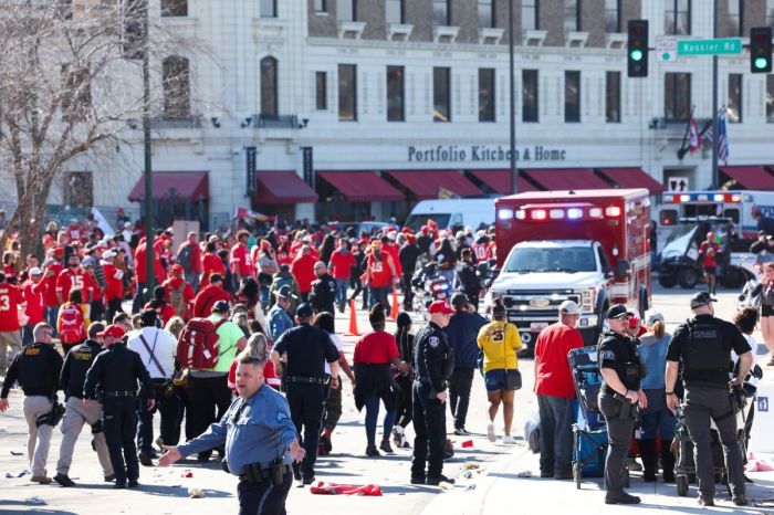 Law enforcement and medical personnel respond to a shooting at Union Station during the Kansas City Chiefs Super Bowl LVIII victory parade on February 14, 2024, in Kansas City, Missouri. Several people were shot and two people were detained after a rally celebrating the Chiefs Super Bowl victory. 