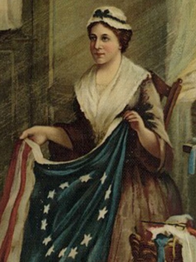 An 1893 depiction of Betsy Ross, a supporter of the American Revolution who, according to legend, designed the very first United States flag.