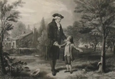 An 1860s engraving by John C. McRae depicting a young George Washington telling his father that he chopped down his father's favorite cherry tree. 