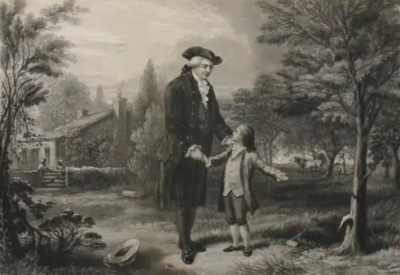 An 1860s engraving by John C. McRae depicting a young George Washington telling his father that he chopped down his father's favorite cherry tree.