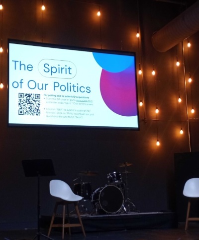 The stage for the event 'The Spirit of Our Politics' held on February 15, 2024, at Hill City Church of Richmond, Virginia. 