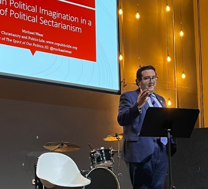 Michael Wear, the founder and CEO of the Center for Christianity and Public Life, speaks at Hill City Church of Richmond, Virginia, on February 15, 2024. 