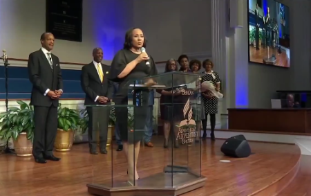 Fulton County District Attorney Fani Willis speaks at Berean Church in Atlanta, Georgia, on Feb. 18, 2024.