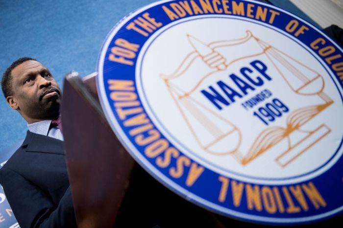 Derrick Johnson, president and CEO of the NAACP, pauses while speaking during a press conference on March 28, 2018, in Washington, D.C.