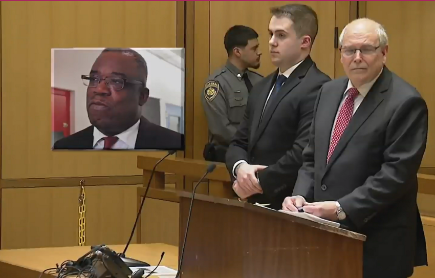 Stamford police officer Zachary Lockwood, 25 (L at podium) is accused of hitting and killing Rev. Tommie Jackson (inset) in a car crash in summer 2023.