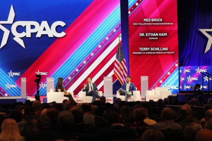 Meg Brock (left), Dr. Eithan Haim (middle), Terry Schilling (right) speak during a panel session at CPAC 2024 on Feb. 22, 2024 in National Harbor, Maryland. 