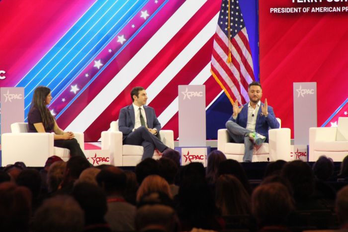 (L to R) Meg Brock, Dr. Eithan Haim and Terry Schilling speak on a panel at CPAC 2024 on February 22, 2024, in National Harbor, Maryland. 