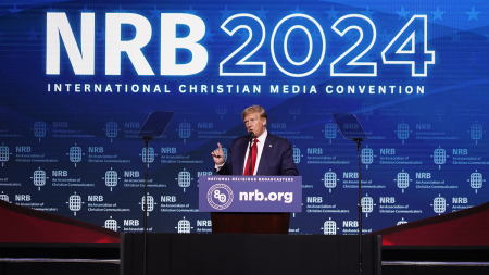 Former President and 2024 presidential hopeful Donald Trump addresses Christian broadcasters at the National Religious Broadcasters (NRB) International Christian Media Convention in Nashville, Tennessee, on February 22, 2024.