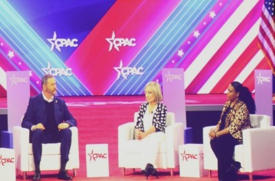 Ohio Attorney General Dave Yost (left), Latisha's House Founder Elizabeth Ameling (middle) and human trafficking survivor Tanya Gould (right) speak at the Conservative Political Action Conference on Feb. 23, 2024. 
