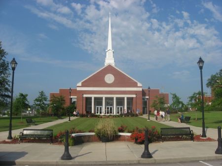 People walk outside Ransdell Chapel at Campbellsville University in Campbellsville, Kentucky.