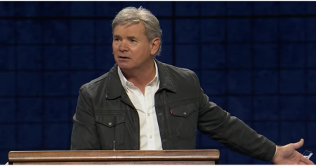 Pastor Jack Hibbs gives a sermon at Calvary Chapel in Chino Hills, California, on Feb. 25, 2024.