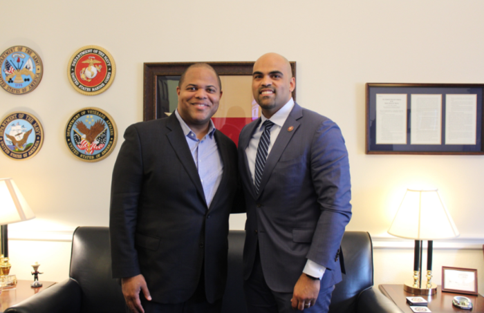 Dallas Mayor Eric Johnson (left) poses with Rep. Colin Allred, D-Texas. 