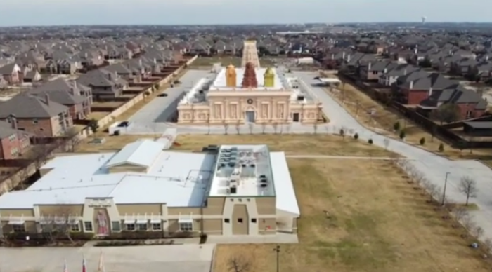 A screenshot from a video showing the Karya Siddhi Hanuman Temple in Frisco, Texas.