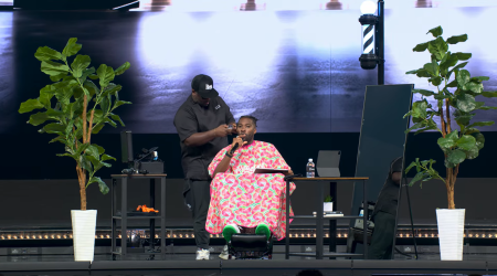 Pastor Michael Todd gets his hair cut onstage during his sermon on March 3, 2024, at Transformation Church in Tulsa, Oklahoma.