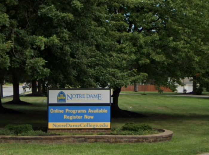 A roadside sign welcomes students to Notre Dame College in South Euclid, Ohio. 