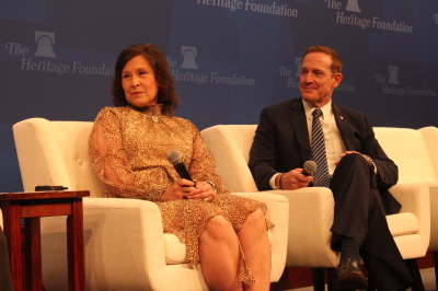 Sen. Ted Budd (R) and his wife, Amy Kate Budd (L), speak during a panel at The Heritage Foundation on March 6, 2024, in Washington, D.C.