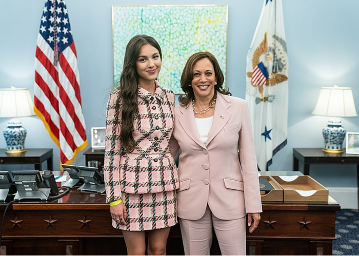 Pop singer Olivia Rodrigo (left) poses with Vice President Kamala Harris at the White House, July 14, 2021. 