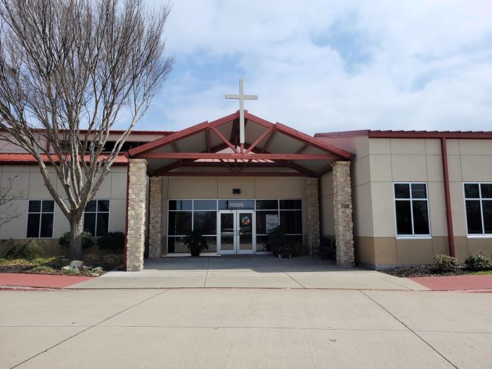 The front entrance of Rejoice Lutheran Church in Frisco, Texas, on March 6, 2024.