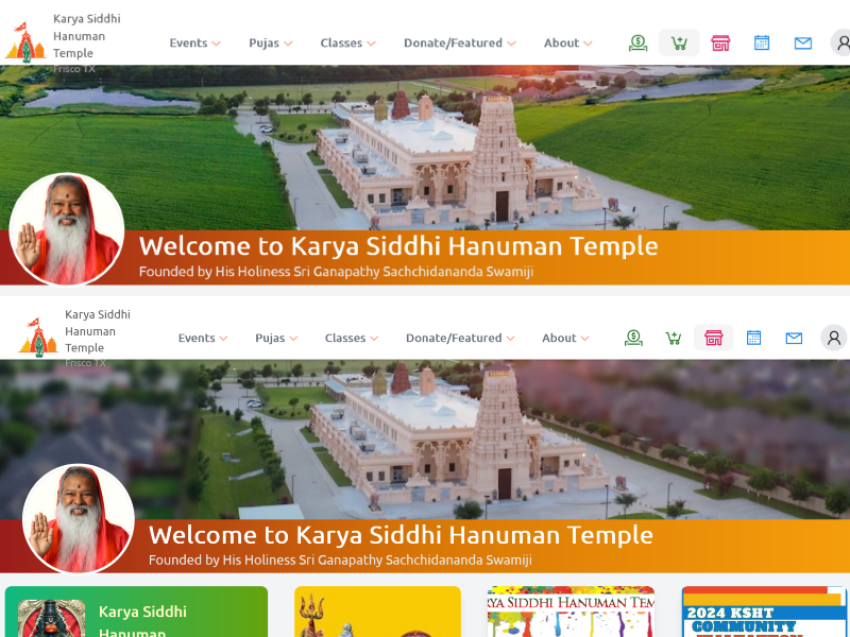 Screenshots of the Hanuman Temple website before and after the main header image was updated.