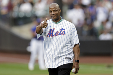 Former New York Mets Darryl Strawberry gestures before throwing out a ceremonial first pitch at Citi Field on July 26, 2022 in New York City.