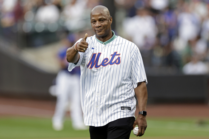 Former New York Mets Darryl Strawberry gestures before throwing out a ceremonial first pitch at Citi Field on July 26, 2022 in New York City. 