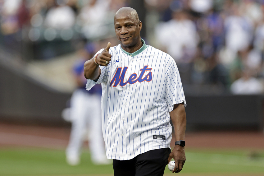 Former New York Mets Darryl Strawberry gestures before throwing out a ceremonial first pitch at Citi Field on July 26, 2022 in New York City.