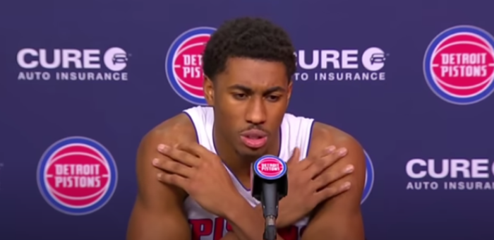 Detroit Pistons guard Jaden Ivey speaks during a postgame press conference following his team's victory against the New Jersey Nets on March 7, 2024. 