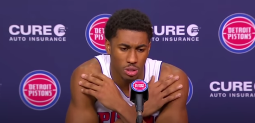 Detroit Pistons guard Jaden Ivey speaks during a postgame press conference following his team's victory against the New Jersey Nets on March 7, 2024.