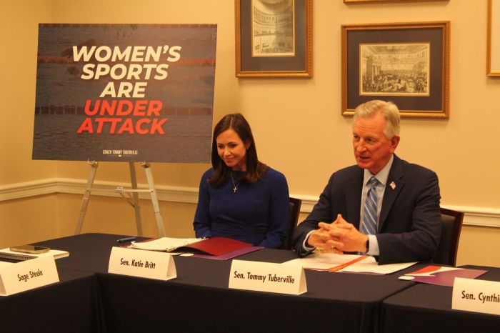 U.S. Sen. Tommy Tuberville (R) and Sen. Katie Britt (L) discuss Title IX and women's sports during an event in Washington, D.C., on March 12, 2024. 