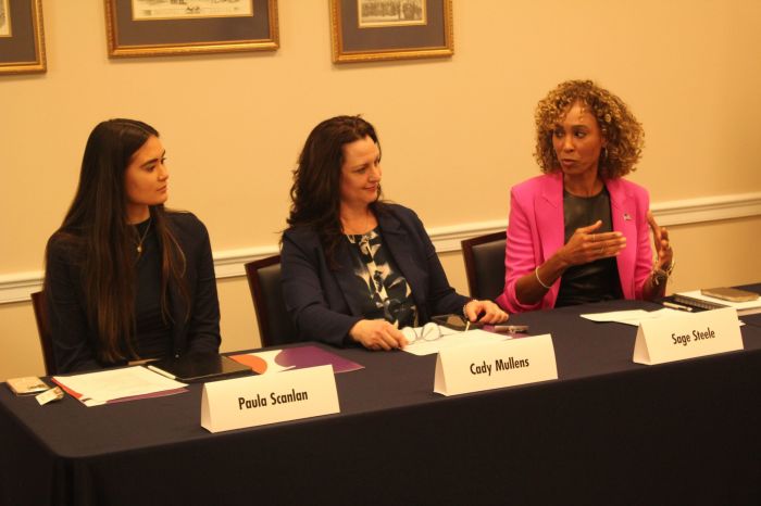 Paula Scanlan (L), Cady Mullens (M) and Sage Steele (R) participate in a roundtable discussion in Washington, D.C., about women's sports on March 12, 2024. The event was led by Sen. Tommy Tuberville, R-Ala.