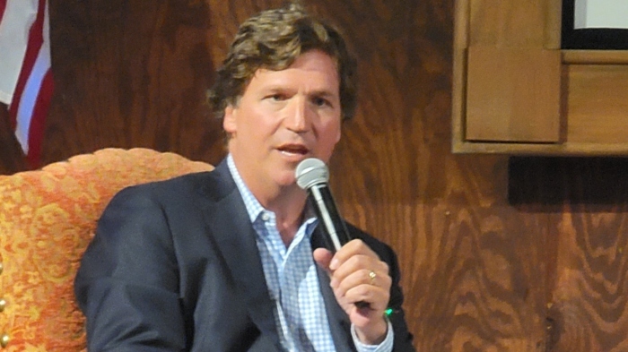 Tucker Carlson speaking at a sold-out fundraising event for the Tarrant County Republican Party at the Stockyards in Fort Worth, Texas, on March 17, 2024.