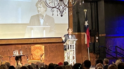 Tucker Carlson addresses a packed Republican audience in Fort Worth, Texas, on March 17, 2024.