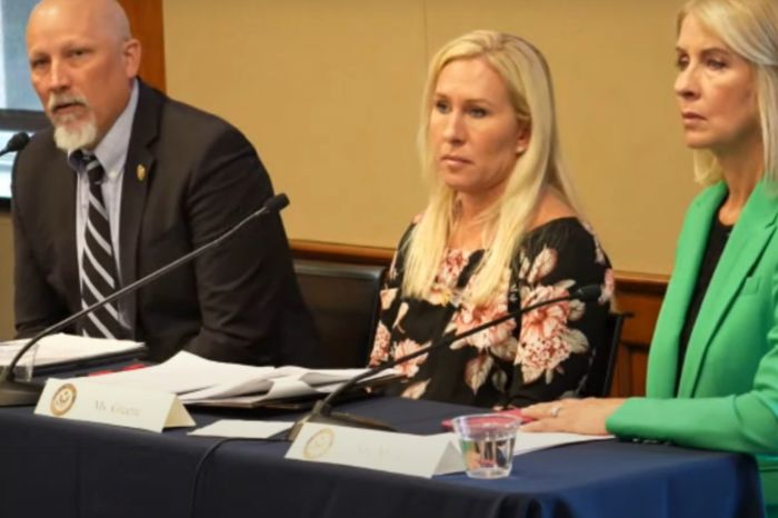 Reps. Chip Roy, R-Texas; (L) Marjorie Taylor Greene, R-Ga.; (M) and Mary Miller, R-Ill.; (R) ask questions during the hearing on 'Investigating the Black Market of Baby Organ Harvesting' on March 19, 2024, in Washington, D.C.