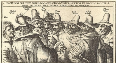 An illustration depicting some of the figures connected to the Nov. 5, 1605 Gunpowder Plot, which sought to assassinate Parliament in response to the passage of anti-Catholic legislation.