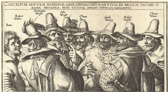 An illustration depicting some of the figures connected to the Nov. 5, 1605 Gunpowder Plot, which sought to assassinate Parliament in response to the passage of anti-Catholic legislation. 