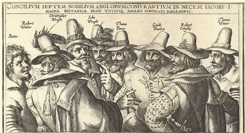 An illustration depicting some of the figures connected to the Nov. 5, 1605 Gunpowder Plot, which sought to assassinate Parliament in response to the passage of anti-Catholic legislation.