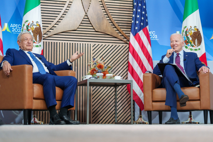 President Joe Biden hosts a bilateral meeting with President Andres Manuel Lopez Obrador of Mexico on Friday, November 17, 2023, at the Moscone Convention Center in San Francisco.