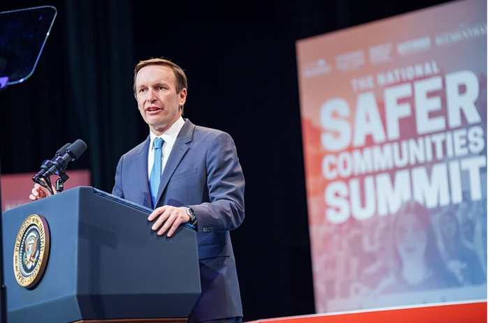 Sen. Chris Murphy, D-Conn., speaks at the National Safer Communities Summit at the University of Hartford in West Hartford, Conn., June 16, 2023. 