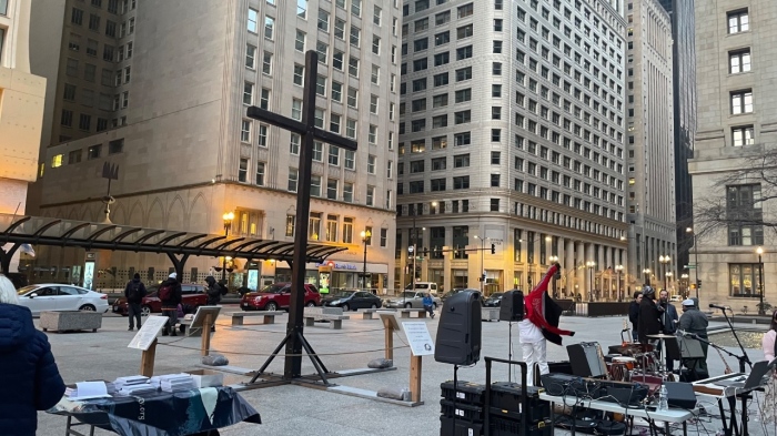 A previous year's 'Jesus in Daley Plaza' display, which is being sponsored this year by the Thomas More Society, Tapestry Fellowship, City First Foundation, as well as Karl and Nancy Fritz, who designed and built this year's cross.
