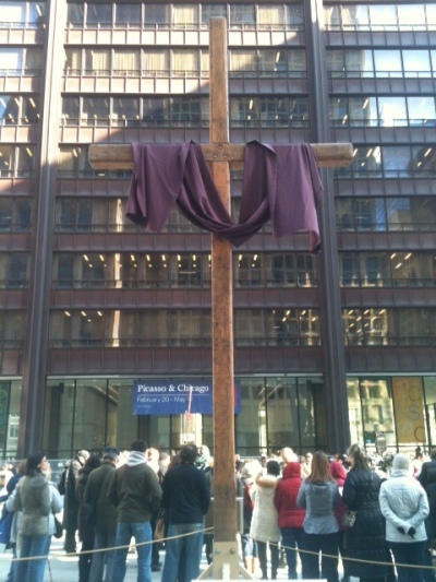 A previous year's cross adorns Daley Plaza in downtown Chicago, Illinois.