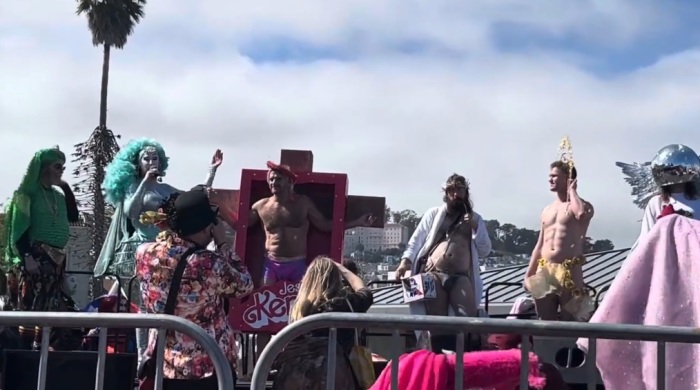Participants take part in the 2024 'Hunky Jesus' contest in San Francisco, California, on March 31, 2024. 