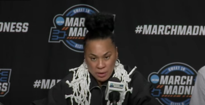 University of South Carolina Women's Basketball Coach Dawn Staley speaks after her team secured a spot in the Final Four of the National Collegiate Athletic Association's 2024 Tournament on March 31, 2024. 