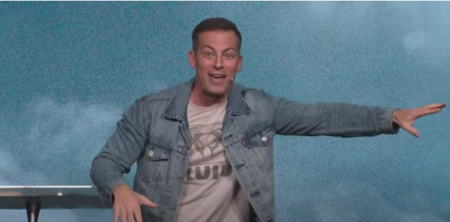 Josh Howerton, senior pastor of Lakepointe Church in Rockwall, Texas, delivers a sermon after holding a "Marriage Night" for his congregation. 