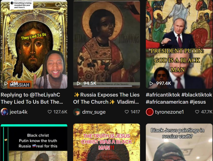 Scores of viral videos with millions of views on the social platform TikTok claim dark-skinned Russian icons show Jesus is black.