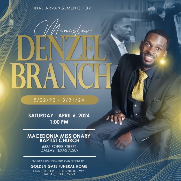 The late New Generation Church Youth Minister Denzel Branch will be buried on Saturday, April 6, 2024. He was 31.