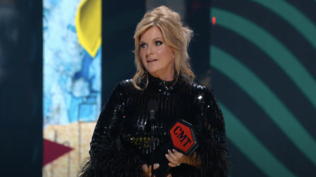 Trisha Yearwood accepts the Humanitarian Award at the CMT Music Awards at Moody Center in Austin, Texas, on April 7, 2024.