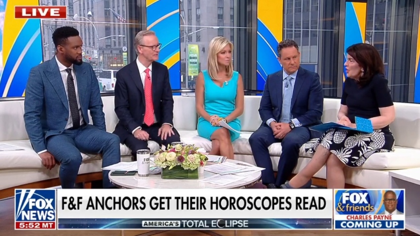 Astrologer Susan Miller, far right, joined "Fox & Friends" hosts Steve Doocy, Brian Kilmeade, Ainsley Earhardt and Lawrence Jones last week to read their horoscopes.